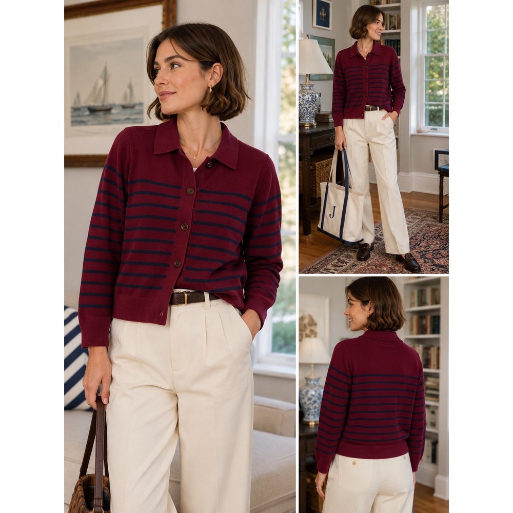 J.Crew Small Burgundy Navy Collared Button Front Cotton Cardigan